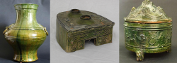 Han burial pieces (Mingqi) green glazed vase, kitchen stove and cosmetic jar - courtesy R&G McPherson Antiques, Glade Antiques and R&G McPherson Antiques